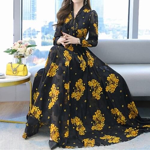 Spring Autumn Print Maxi Dress New Arrival High Quality Plus Size S-4XL Flower Long Sleeve Women Chiffon Long Dress Vestidos