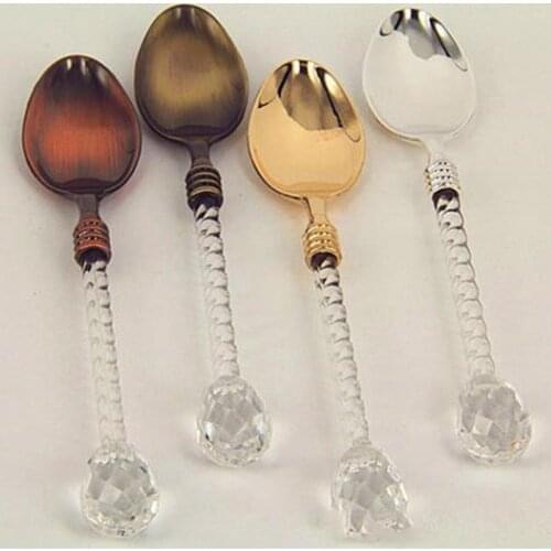 100pcs Alloy Multifunction Kitchen Tableware Small Coffee Spoon Sugar Tea Dessert Cutlery Crystal Handle Vintage F231