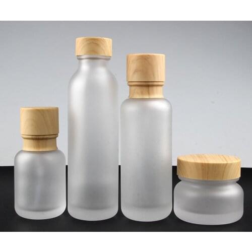 100 x 50G Glass Jar Wtih Plastic Imitation Wood Grain Lids 50ML 110ML 130ML Frost Glass Cream Cosmetic Container Pump Bottles