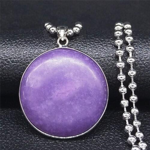 2021 Round Stainless Steel Natural Stone Necklace Chain for Women Purple Silver Color Big Long Necklace Jewelry collar N4502S04