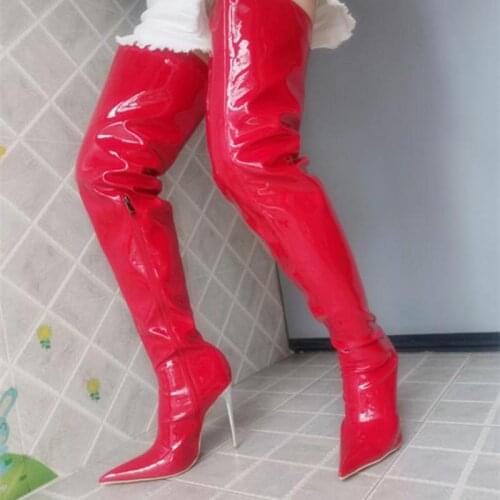 Over The Knee Boots 12cm Thin Heel Thigh Boots Pointed Toe Zip Patent Leather Shoes Woman High Boots Botines Queens sexy fun
