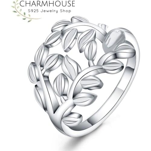 Charmhouse Pure Silver 925 Rings For Women Exquisite Leaf Finger Ring Wedding Band Anillo Bague Engagement Vintage Jewelry