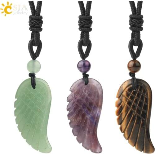 CSJA Natural Gem Stone Necklace Pendant Angel Wing Necklaces Green Aventurine Tiger Eye Purple Crystal Quartz Men Jewelry G695