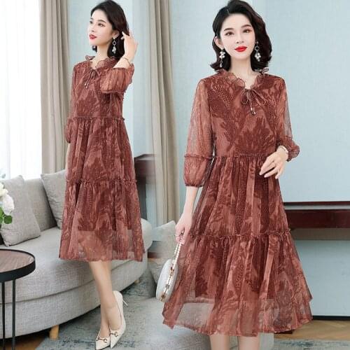 Plus Size Loose Floral Half Sleeve A-line O-neck Chiffon Dark Coffee Dark Green Purple Red Daily Wear Cocktail Dresses 9939