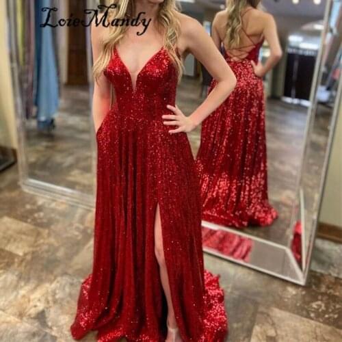 Mbcullyd V-neck Red Evening Dresses Long 2020 Glitter Sequined Formal Prom Party Gowns High Split Vestidos de fiesta de noche
