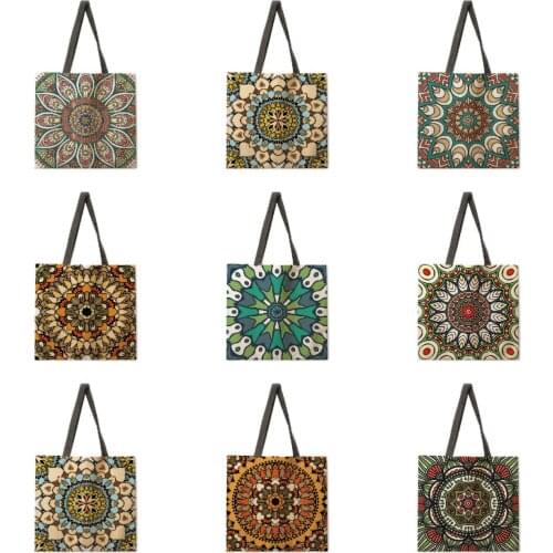 Round floral tote bag linen fabric casual tote bag foldable shopping bag reusable beach bag lady shoulder bag
