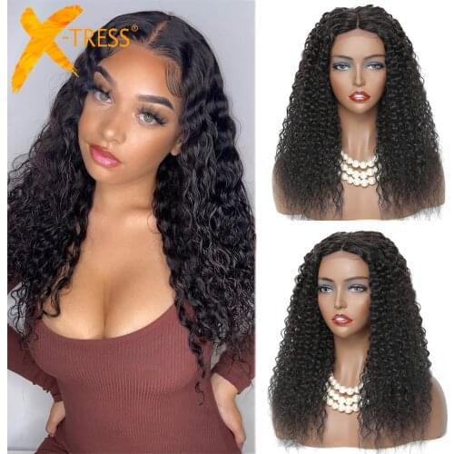 Kinky Curly Synthetic Mixed 30% Human Hair Lace Wigs For Black Women Middle Part Natural Black Color Long Wavy Hair Wig X-TRESS
