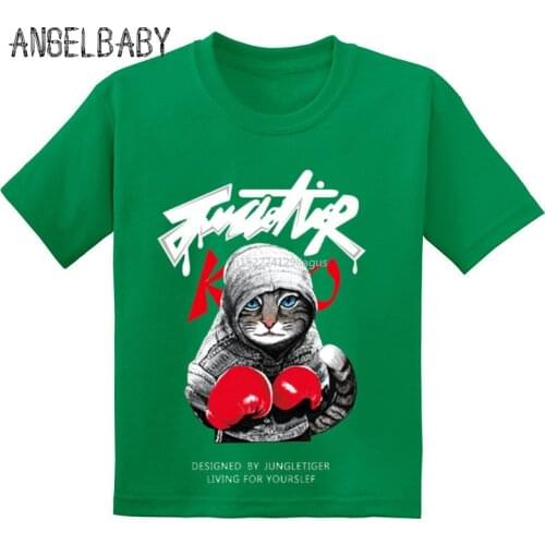 Hot Sale Super Cool Boxing Cat Attack Kids Funny T-shirts Summer Children Cotton Baby Clothes Boys/Girls Casual Tops Tees,GKT202