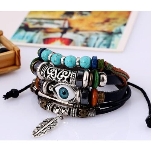 Fashion Jewelry Beads Multi Layer Blue Eyes Leather Bracelet National Wind Feather Pendant Student Bracelets