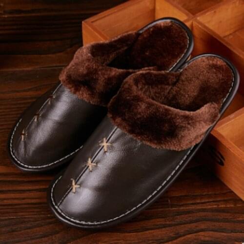 Men Slippers Women Indoor Leather Winter Waterproof Warm Fur Home Slippers Male Couple Platform Shoes Comfort Non-slip Big Size