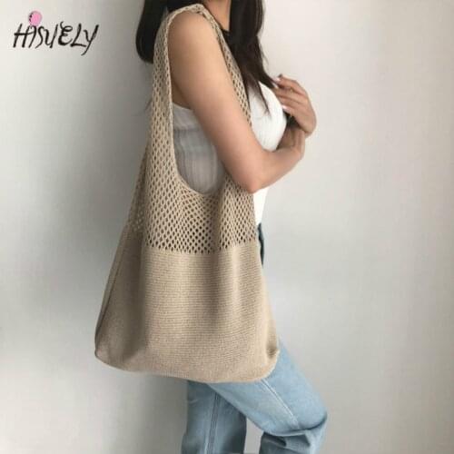 HISUELY New retro Crochet Beach Handbag for Girls Summer Hollow Out Hand Woven Totes Bag Women Hollow Knitting Handbag Bolsos