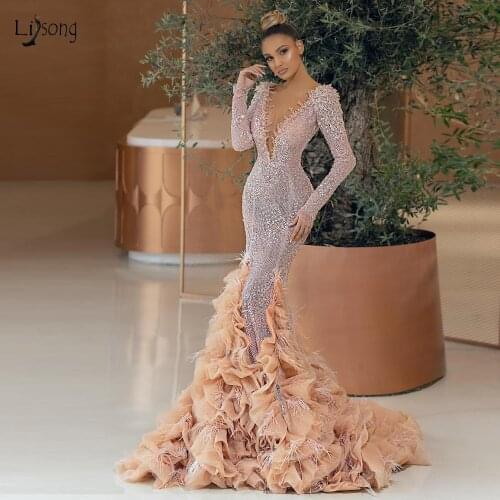 New 2021 Couture Mermaid Evening Dresses Full Sleeves Shiny Sequined Feather Long Evening Gowns Ruffles Tiered Tulle Prom Gowns
