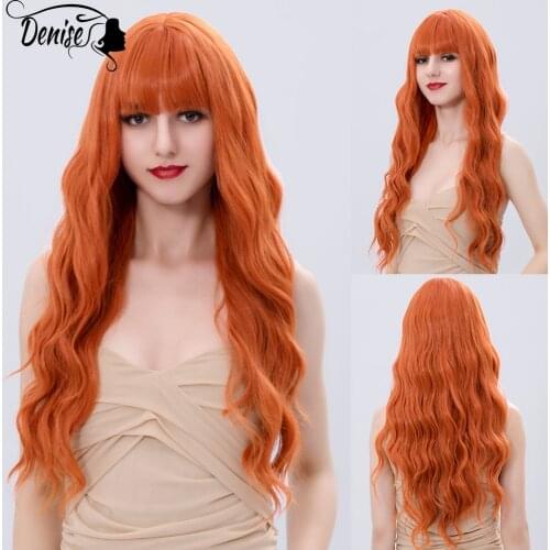 Long Orange Wave Colored Natural Hair Synthetic Wig With Bangs For White Women Daily Cosplay Female Fiber Heat Resistant Wigs