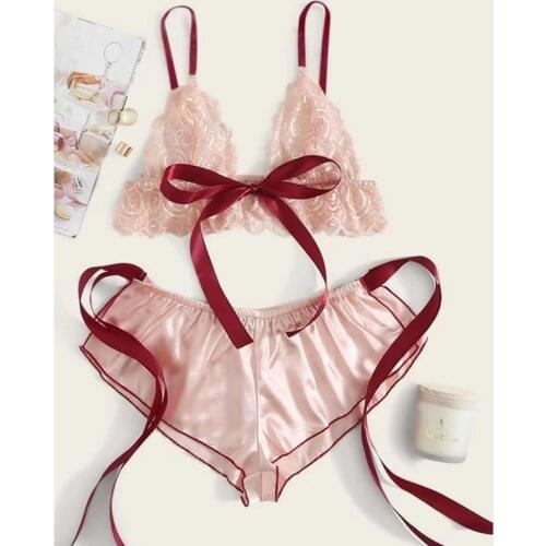 Sexy Two Piece Lingerie Set Babydoll Pajamas Women Lace Triangle Bralette Bra+Lace Up Bowknot Shorts Satin Sleepwear Nightwear