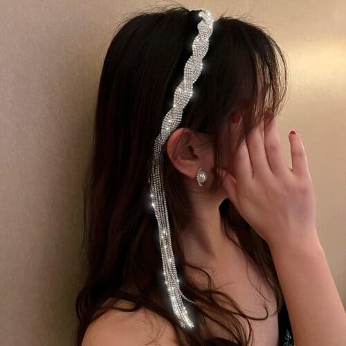 Korean Style Long Tassel Asymmetry Rhinestone Headband For Women Black Hair Clip Wedding Hair Accessories Jewelry