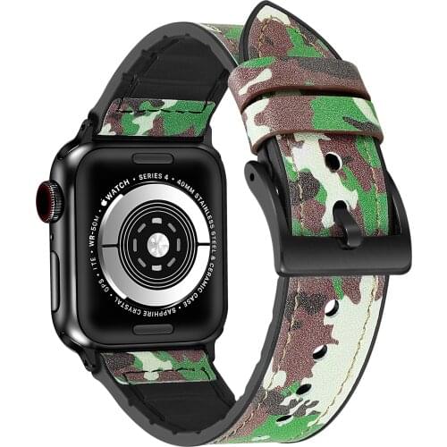 Khaki Green Genuine Leather Casual Replacement Bands Men Women,Rubber Hybrid Strap for Apple WatchBands 44mm 42mm 40mm 38mm