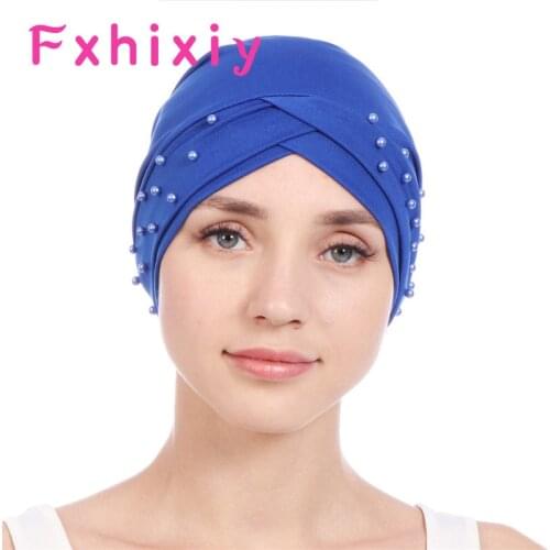 New Women Elastic Turban Hat Muslim Islamic Beads Cancer Chemo Cap Ladies Stretch Beanies Head Scarf Bandana Hair Accessories