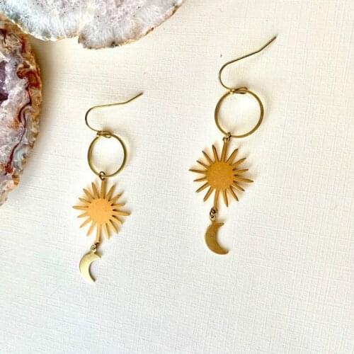 Sun and moon earrings, Space earrings, Celestial earrings, Sun earrings, Crescent Moon earrings, Moon phase earrings, Boho