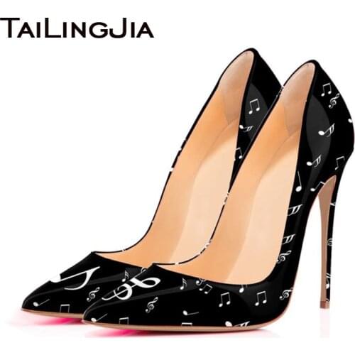 Womens High Heels Pointed Toe Stiletto Pumps Party Dress Shoes Musical Note Black White Patent Leather Elegant Fashion Evening