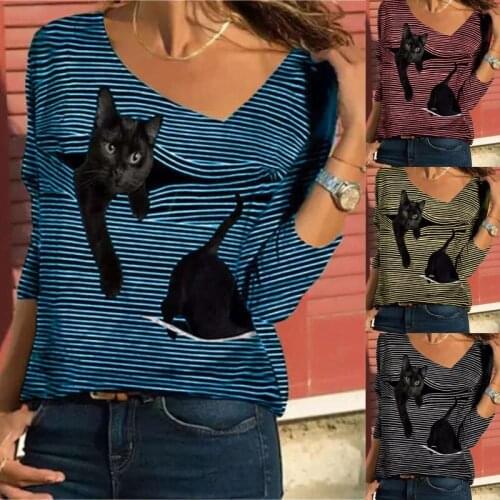 Spring Autumn Funny Cute Cat 3D Printed T Shirt Casual Women Long Sleeve V Neck Tops Lady Stripe Street Hipster Loose Pullovers