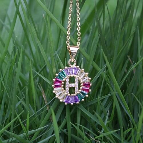 Capital 26 initial alphabet letter A-Z ABC name charm pave rectangle rainbow cz glass gold chain choker pendant necklace women