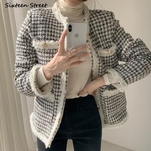 Plaid O Neck Tweed Woman Jacket Fall 2021 Golden Button Up Thicken Wool Coat Ladies Office Business Vintage Korean Cropped Tops