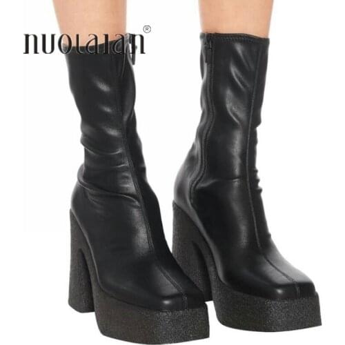 2021 NEW brand women autumn winter warm boots sexy high heels platform black brown zipper shoes woman ankle boots big size 35-42