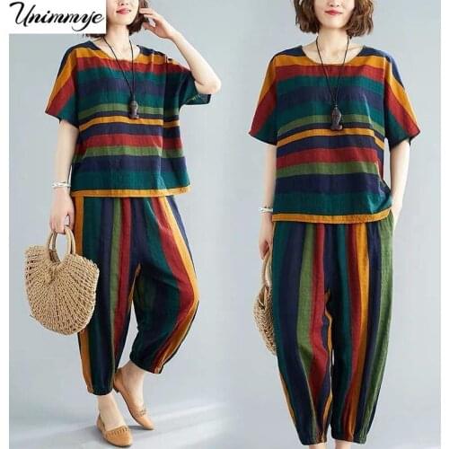 2 Piece Sets Womens Cotton and Linen Outfits Stripe Short Sleeve O-neck Tops+ Loose Harem Pants 2020 Summer Casual Two Piece Set