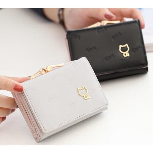 Lady Clutch Wallet Short Cat & Fish Design Money Purse Bag Female Small Fresh Wallets PU Leather Students Coin Pocket Bag