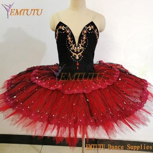 Women Red Black Professional Ballet Pancake Tutu Costume YAGP Don Quxiote Black Red Performance Classical Ballet Tutu Dress