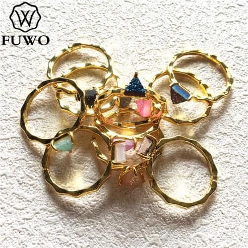 FUWO Gold Color Twist Triangle Druzy Rings For Women Elegant Angel Aura Rings s Female Party Decorative Bridesmaid jewelry RG021