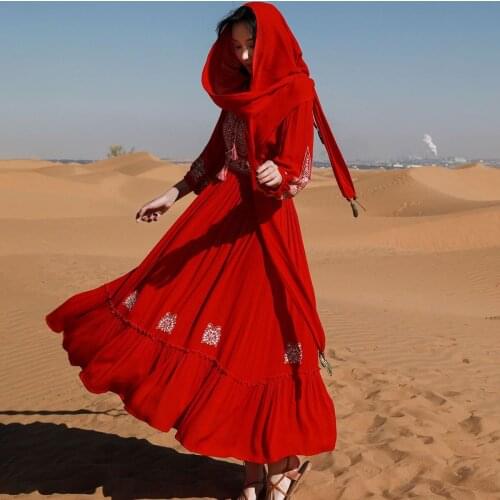 Jastie Retro Embroidery Women Dress V-Neck Hooded Tassel Hippie Seaside Beach Maxi Dresses Summer Boho Long Femme Vestidos 2021