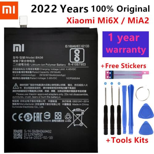 2021 Years 100% Orginal Xiao mi BN36 2910mAh Battery For Xiaomi 6X A2 Mi6X MiA2 M6X MA2 High Quality Phone Replacement+Tools