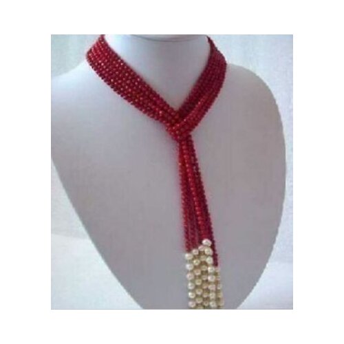 5MM Charming Red Coral & White Pearl Scarf Necklace