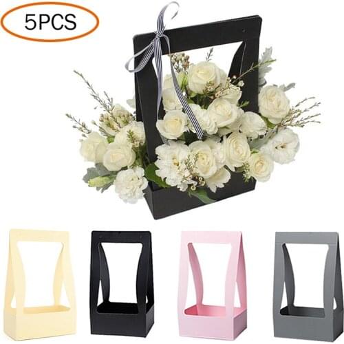 5pcFolding Kraft Paper Bouquet Basket Florist Fresh Flower Packaging Gift Box Wedding Birthday Valentines Day Wrapping Supplies