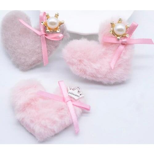 10Pcs 50*45mm Padded Plush Heart with Bow Alloy Crown Appliques for DIY Clothes Hat Leggings Headwear Shoes Sewing Patches