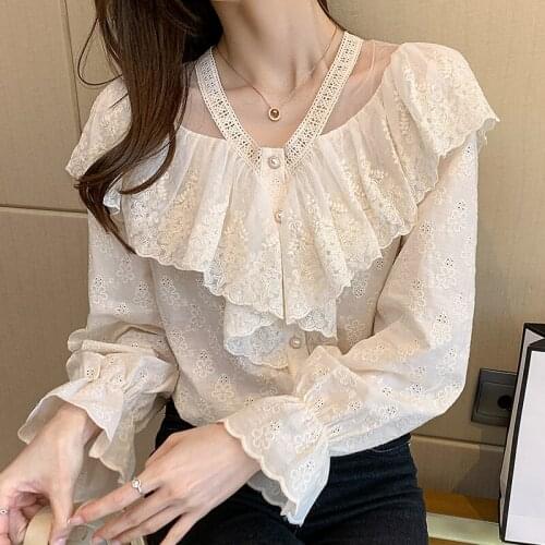Chic Mesh Tulle Patchwork Ruffled Long Sleeve Shirt Fashion V-neck Buttons Female Blouse Vintage Apricot Lace Women Blouses