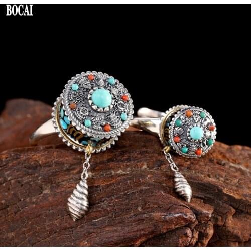 BOCAI New 100% Sold s925 Silver Inlaid with Turquoise prayer Wheel Ring fashion retro Ethnic style Man and Woman Rings