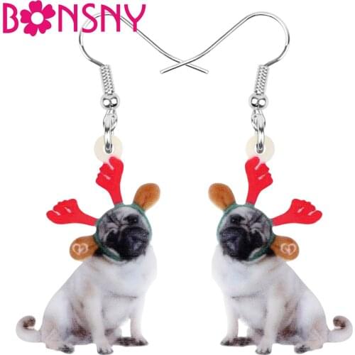 Bonsny Acrylic Christmas Antlers Pug Dog Earrings Drop Dangle Animal Jewelry For Women Girls Teens Kid Decoration Gift Accessory