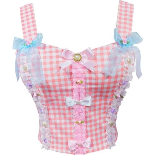 Original Design Pink Plaid Beading Camisole Sexy Bustier Bra Back Zip Bowknot Cropped Tops Sweet Female Tank Top New y978