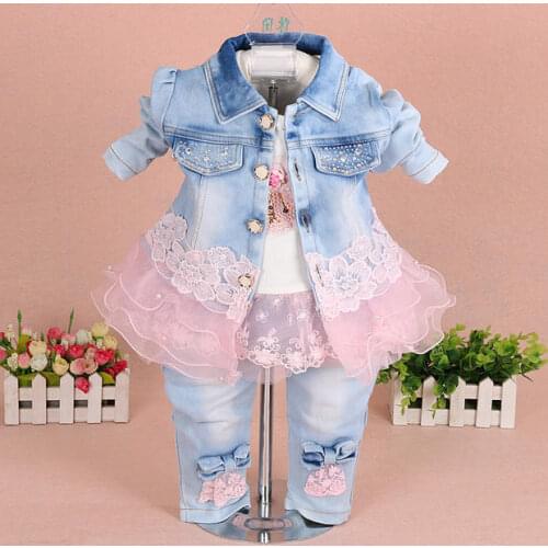 Baby Girls Denim Clothing Sets 3 Pieces Sets Long Sleeve T Shirt Denim Jacket and Jeans Pants Suit Children