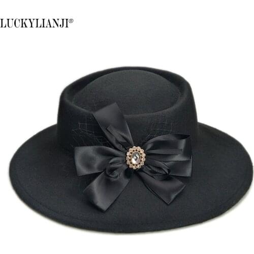 LUCKYLIANJI Women Female British Solid Color Wool Felt Warm Fashion Wide Brim Fedora Porkpie Pork Pie Bowler Hat (57CM Adjust)
