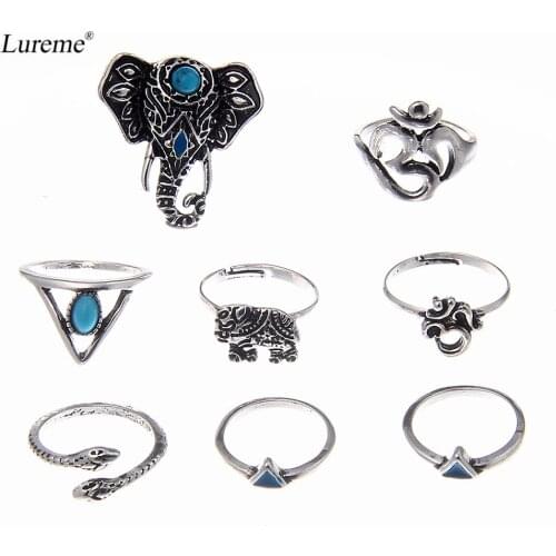 Lureme Vintage Silver Plated Elephant Snake Green Stone Joint Knuckle Nail Ring Set Pack of 8 for Women Cute Jewelry (rg001828)