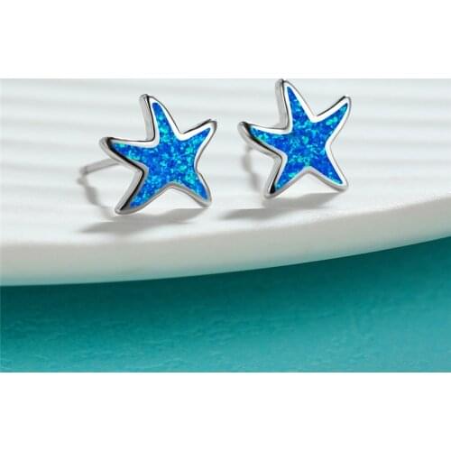 Cute Sea Star Small Stud Earrings Simple Female White Blue Opal Starfish Earrings Boho Rose Gold Silver Color Earrings For Women