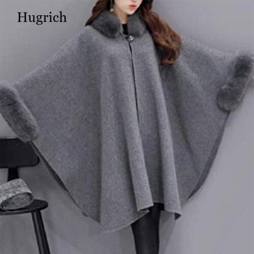 Fashion Plus Size Ladies Solid Color Loose Cape Faux Fur Collar Overcoat Winter Casual Women Woolen Cloak Female Autumn Ponchos
