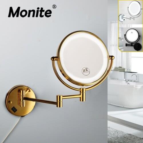 Monite Antique Chrome Brass Gold Plate Wall Mount LED Makeup Women Pocket Mirror 3X Magnifying Vanity Cosmetic Hand Mirror