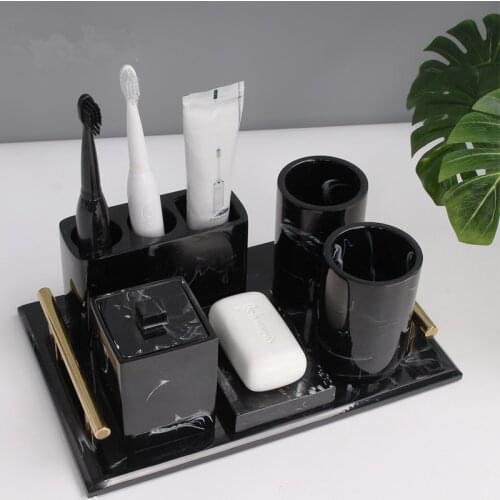 Tuqiu Bathroom Accessories Set Soap Dispenser Toothbrush Holder Soap Holder Tray Lavatory Luxury 5-6 Pcs Set Wedding Resin