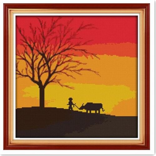Sunset beauty cross stitch kit, shepherd child small map manual DMC embroidery thread child children develop intellectual manual