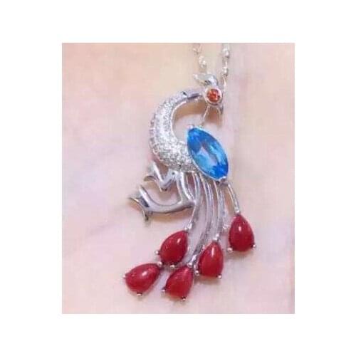 Natural red coral Pendant natural blue topaz pendant necklace 925 sterling silver Elegant Lovely Peacock girl gift fine jewelery