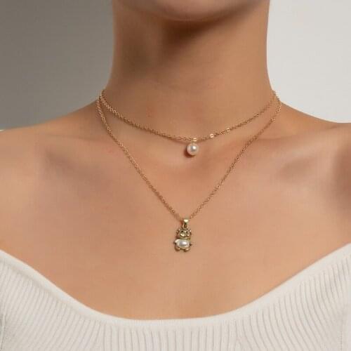 Simple Elegant Imitation Pearl Cow Calf Pendant Necklace for Women Double Layers Chains Clavicle Necklace Colar Jewelry Gift